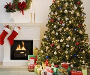 yapboz Şömine Noel asılı çorap ve Noel dekorasyonları ile
